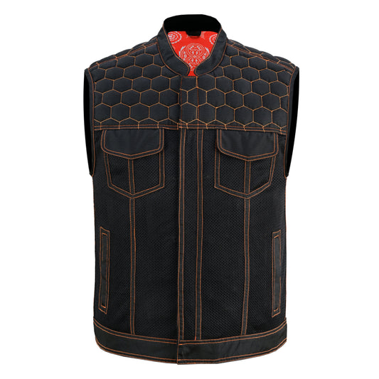 BSM4605 Night Tiger Men’s Black Mesh Textile Vest with Orange Diamond Stitch