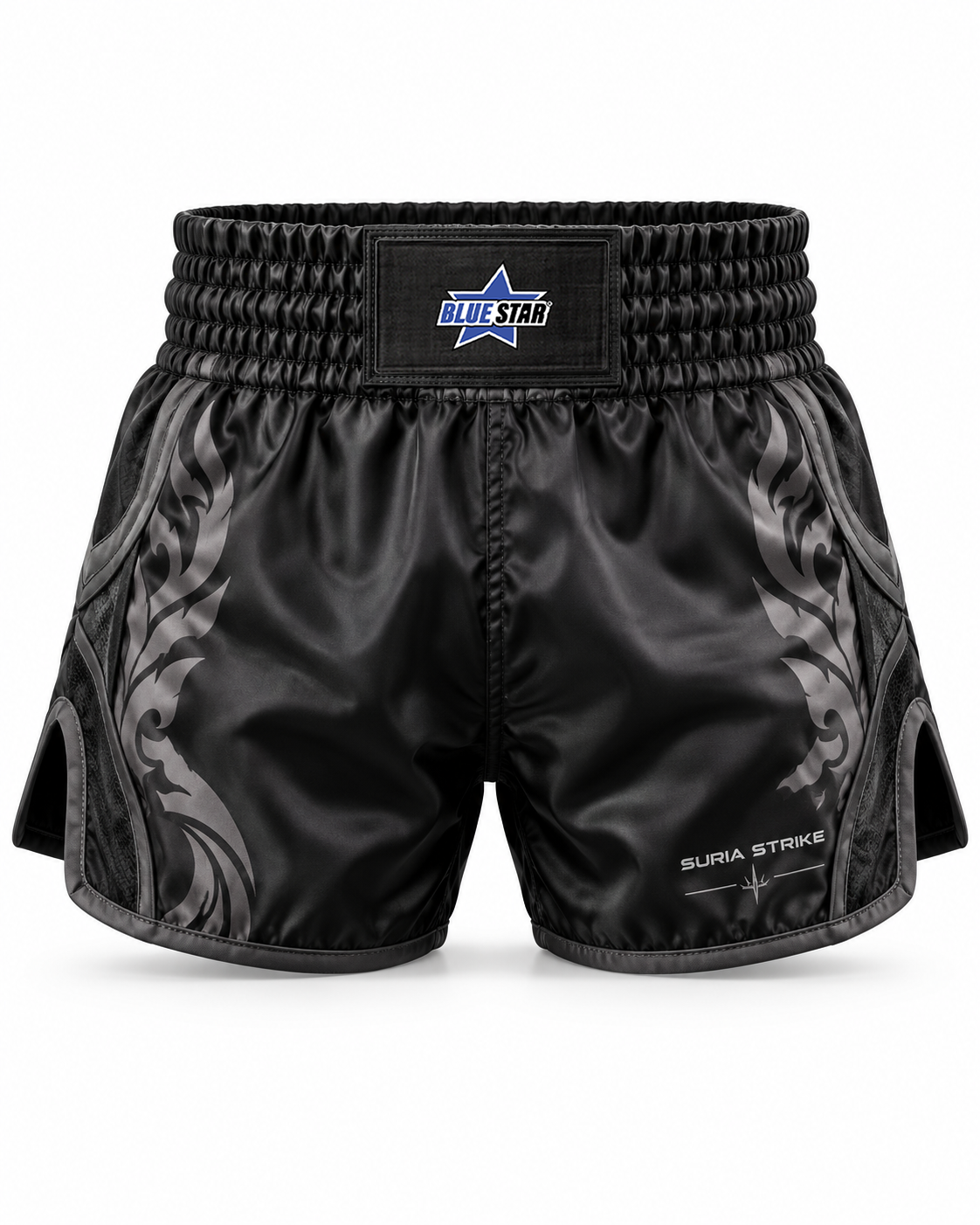 Custom Manufactured Authentic Satin Muay Thai Fight Shorts - Charcoal & Black