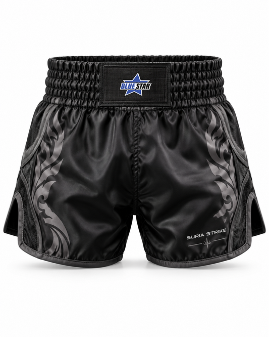 Custom Manufactured Authentic Satin Muay Thai Fight Shorts - Charcoal & Black