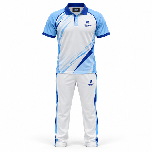 Custom Manufactured Sublimated Cricket Team Playing Kit - Grey & Royal Blue