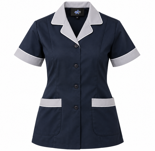 Custom Manufactured Hotel Housekeeping Service Tunics & Uniform - Navy & Light Grey