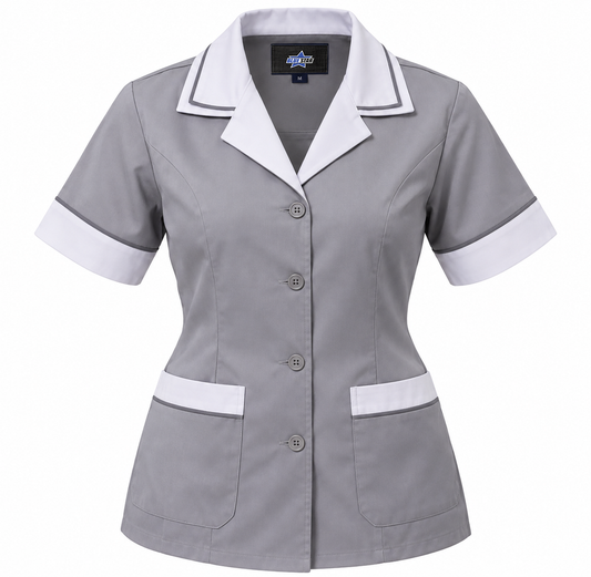 Custom Manufactured Hotel Housekeeping Service Tunics & Uniform - White & Charcoal