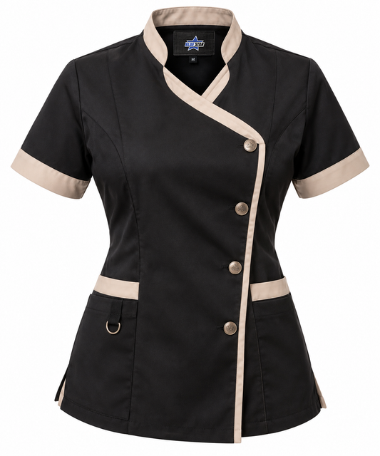 Custom Manufactured Aesthetician Spa & Beauty Wrap Tunics - Tan & Black