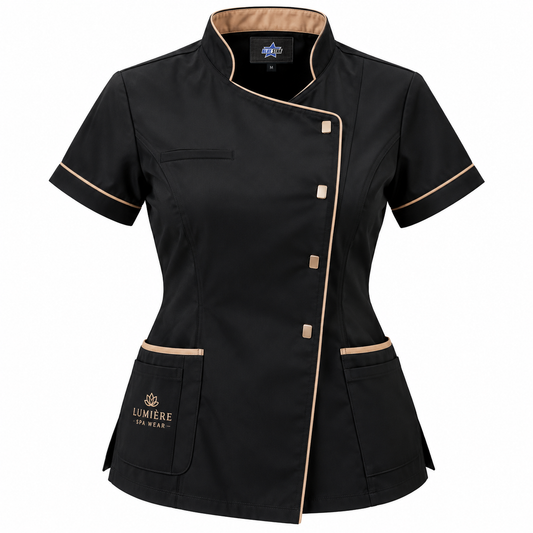 Custom Manufactured Aesthetician Spa & Beauty Wrap Tunics - Tan & Black