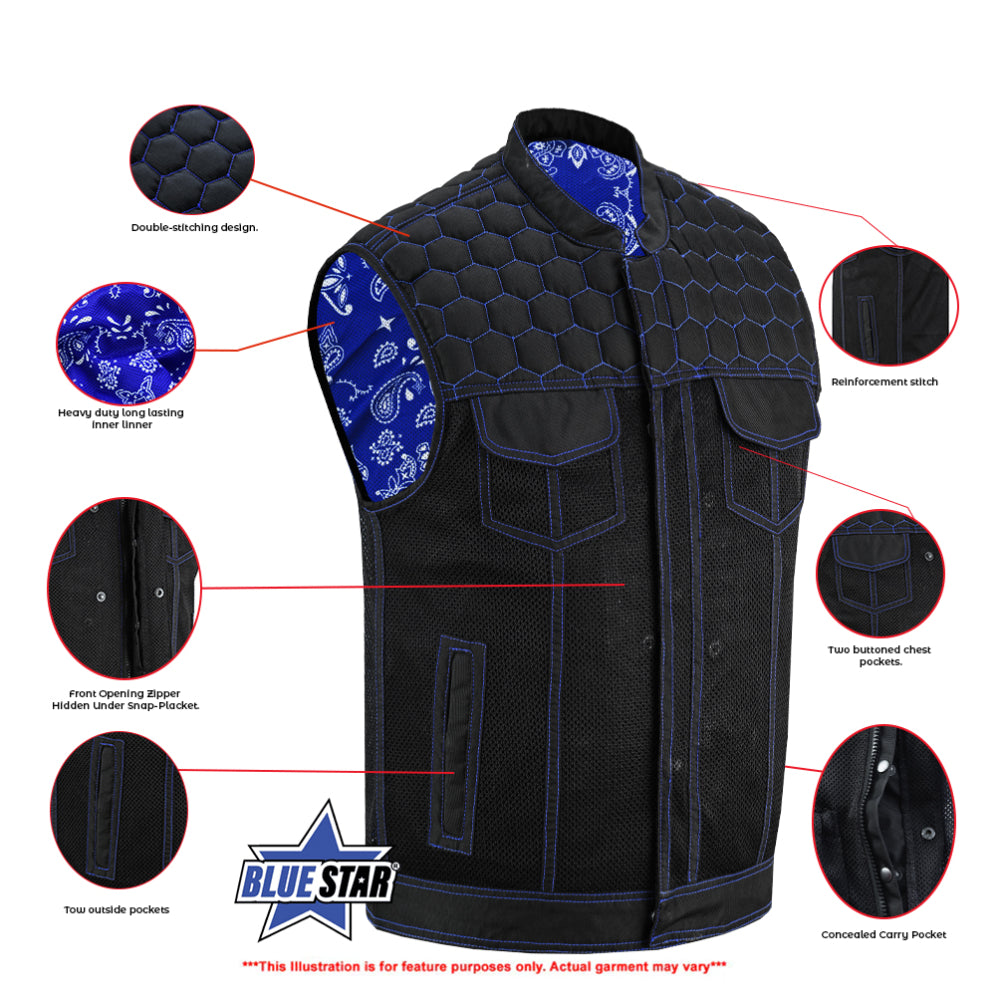 BSM4604 Blue Soul Men’s Black Mesh Textile Vest with Blue Paisley Liner