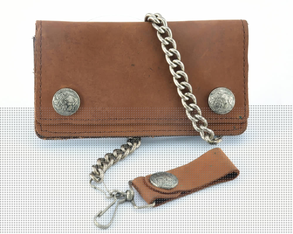 BSC231 Buffalo Nickel Snap Brown Leather Long Bi-Fold Biker Wallet