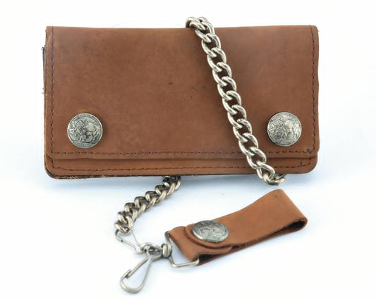 BSC231 Buffalo Nickel Snap Brown Leather Long Bi-Fold Biker Wallet