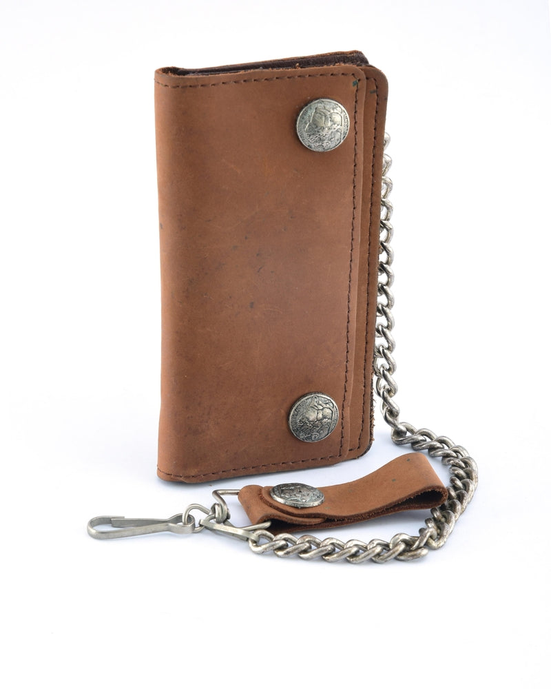 BSC231 Buffalo Nickel Snap Brown Leather Long Bi-Fold Biker Wallet