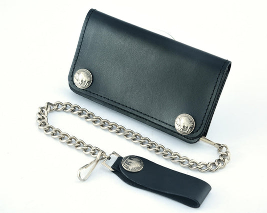 BSC232 Buffalo Nickel Snap Black Leather Long Bi-Fold Biker Wallet