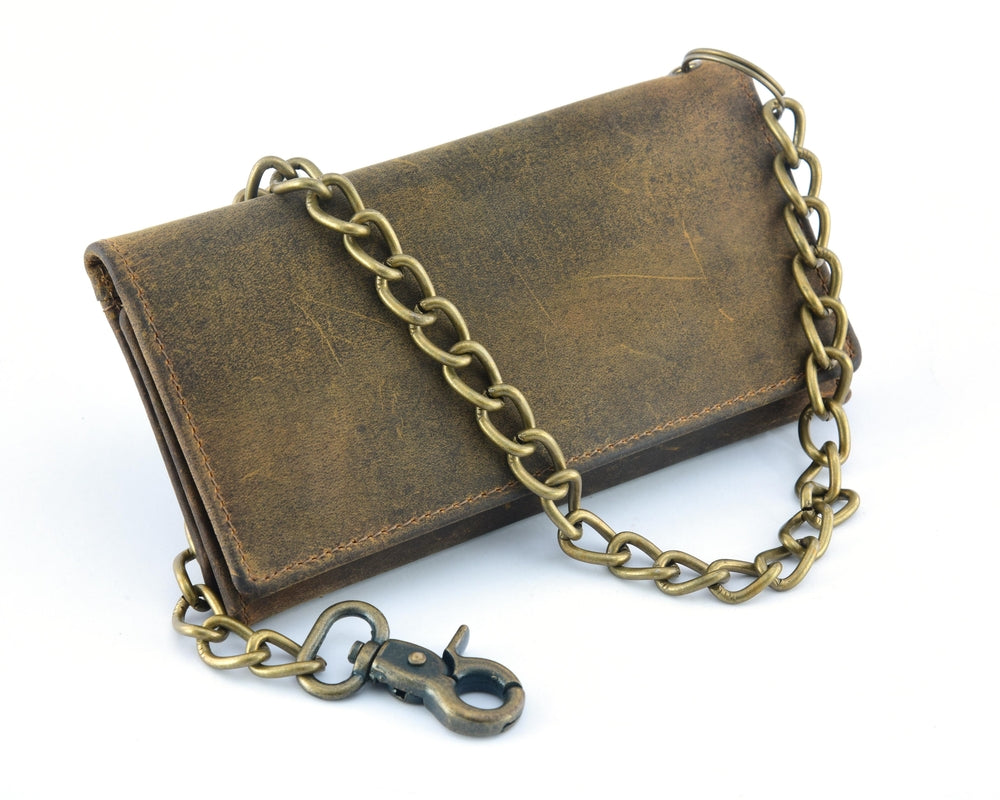 BSC233 DISTRESSED BROWN LEATHER LONG TRI-FOLD BIKER WALLET