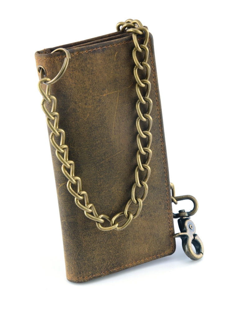 BSC233 DISTRESSED BROWN LEATHER LONG TRI-FOLD BIKER WALLET