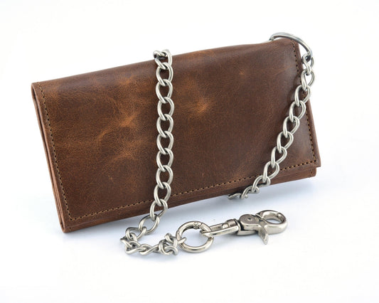 BSC234 BROWN LONG TRI-FOLD BIKER LEATHER CHAIN WALLET