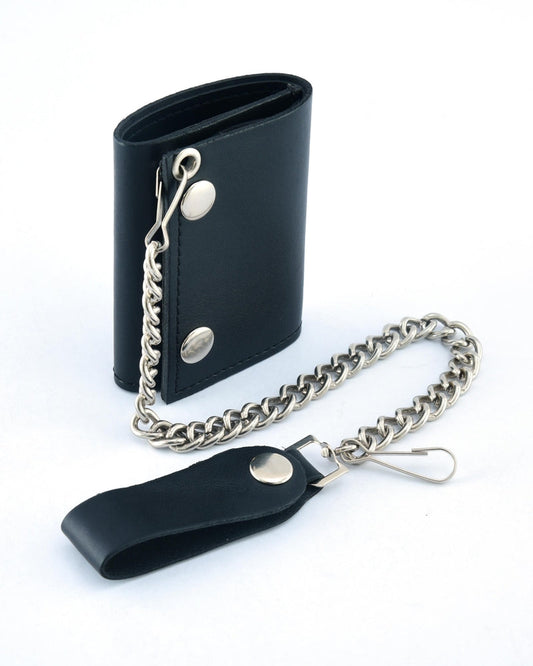 BSC235 Black Tri-Fold Genuine Leather Wallet with Chain