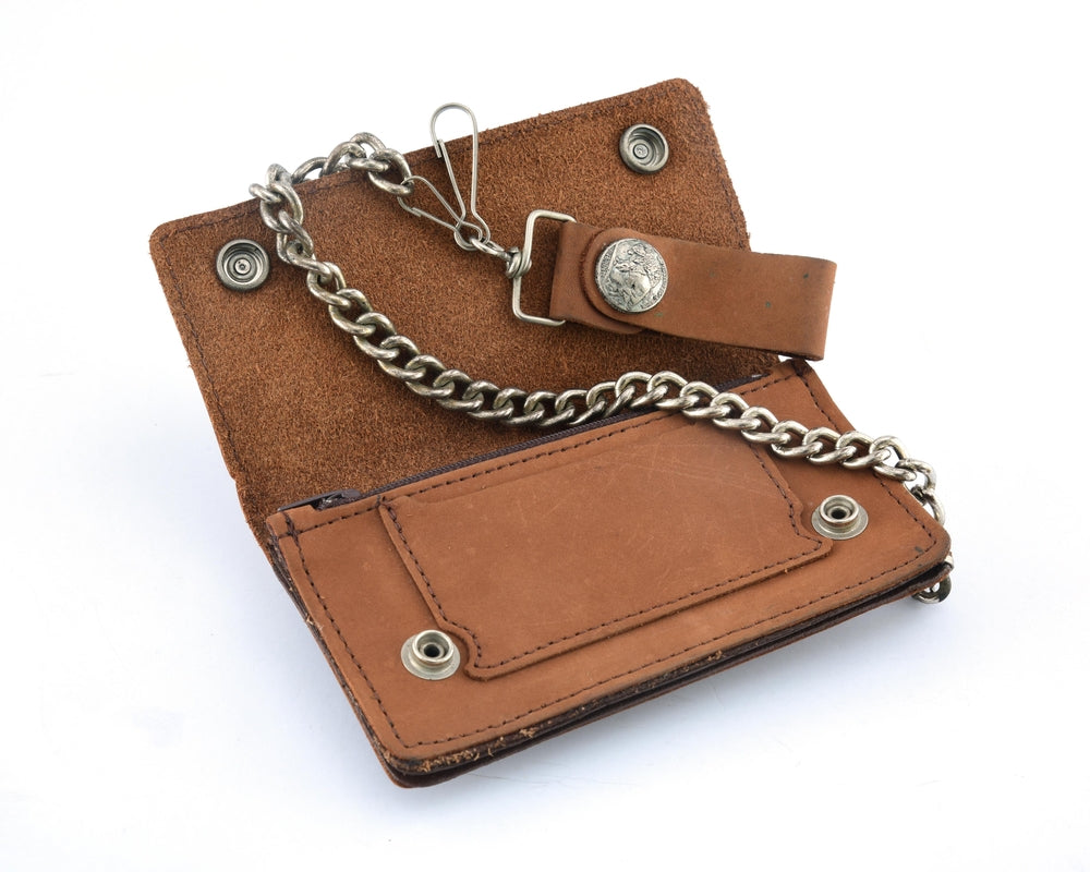 BSC231 Buffalo Nickel Snap Brown Leather Long Bi-Fold Biker Wallet