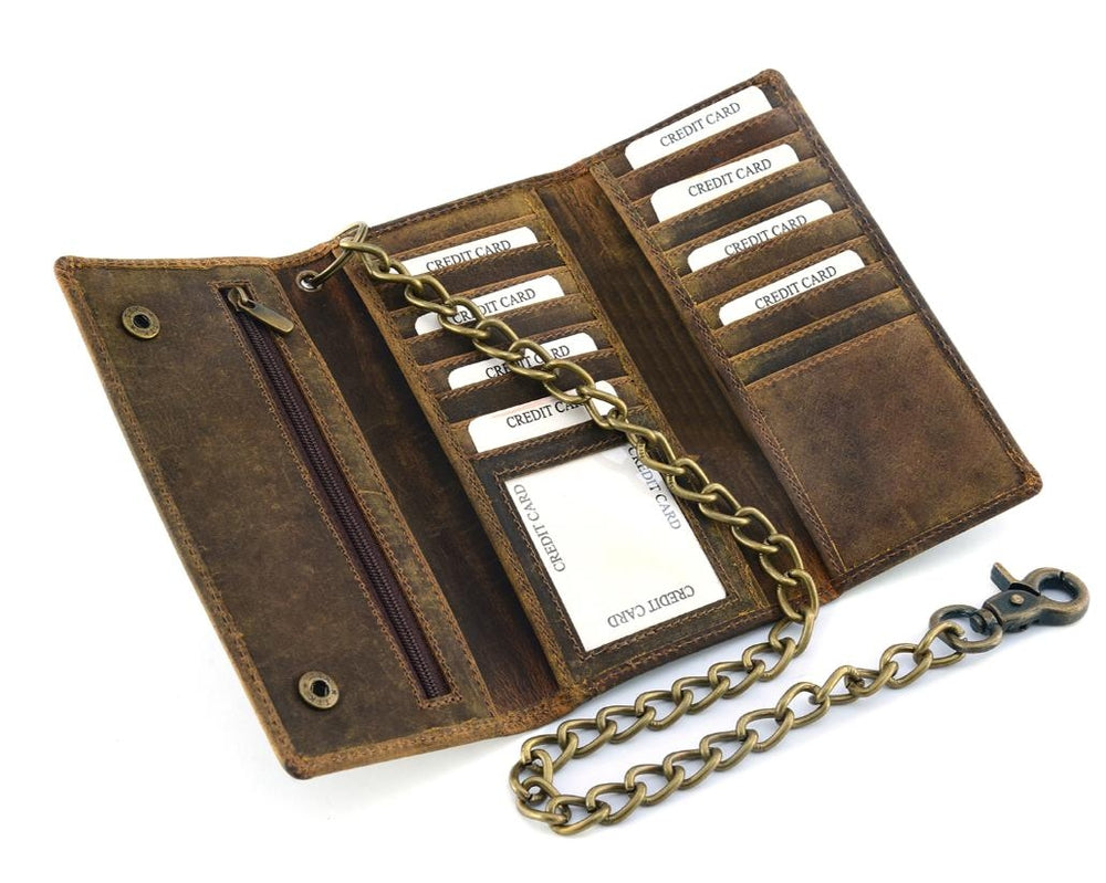 BSC233 DISTRESSED BROWN LEATHER LONG TRI-FOLD BIKER WALLET