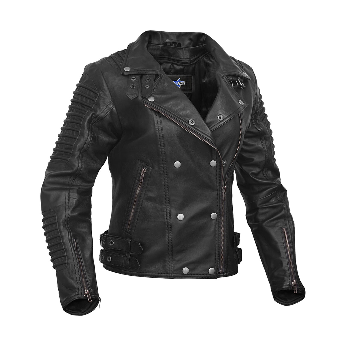 SHADOW QUEEN WOMEN’S BLACK FASHION LEATHER JACKET WITH RIBBED ACCENTS