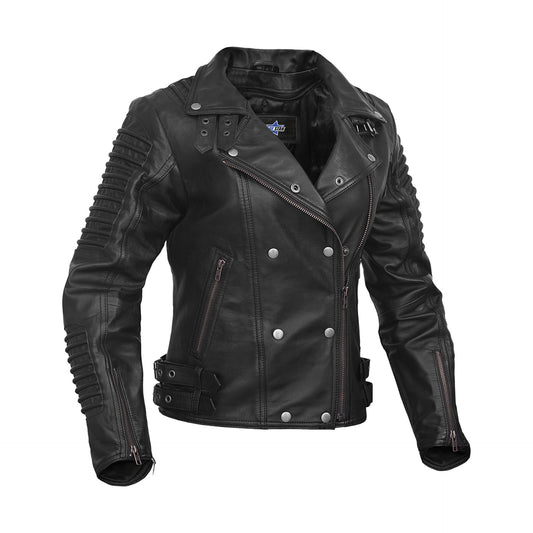 SHADOW QUEEN WOMEN’S BLACK FASHION LEATHER JACKET WITH RIBBED ACCENTS