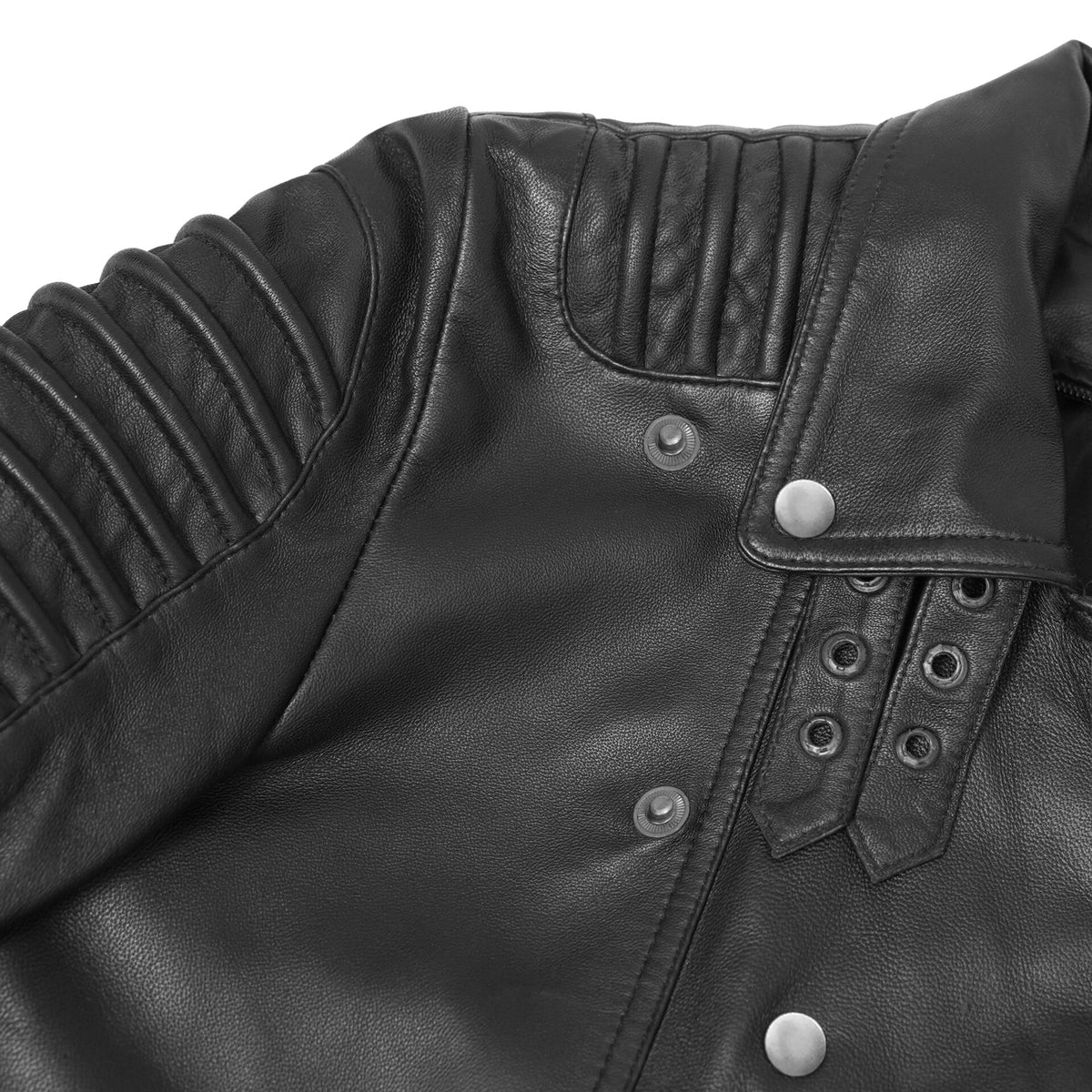 SHADOW QUEEN WOMEN’S BLACK FASHION LEATHER JACKET WITH RIBBED ACCENTS