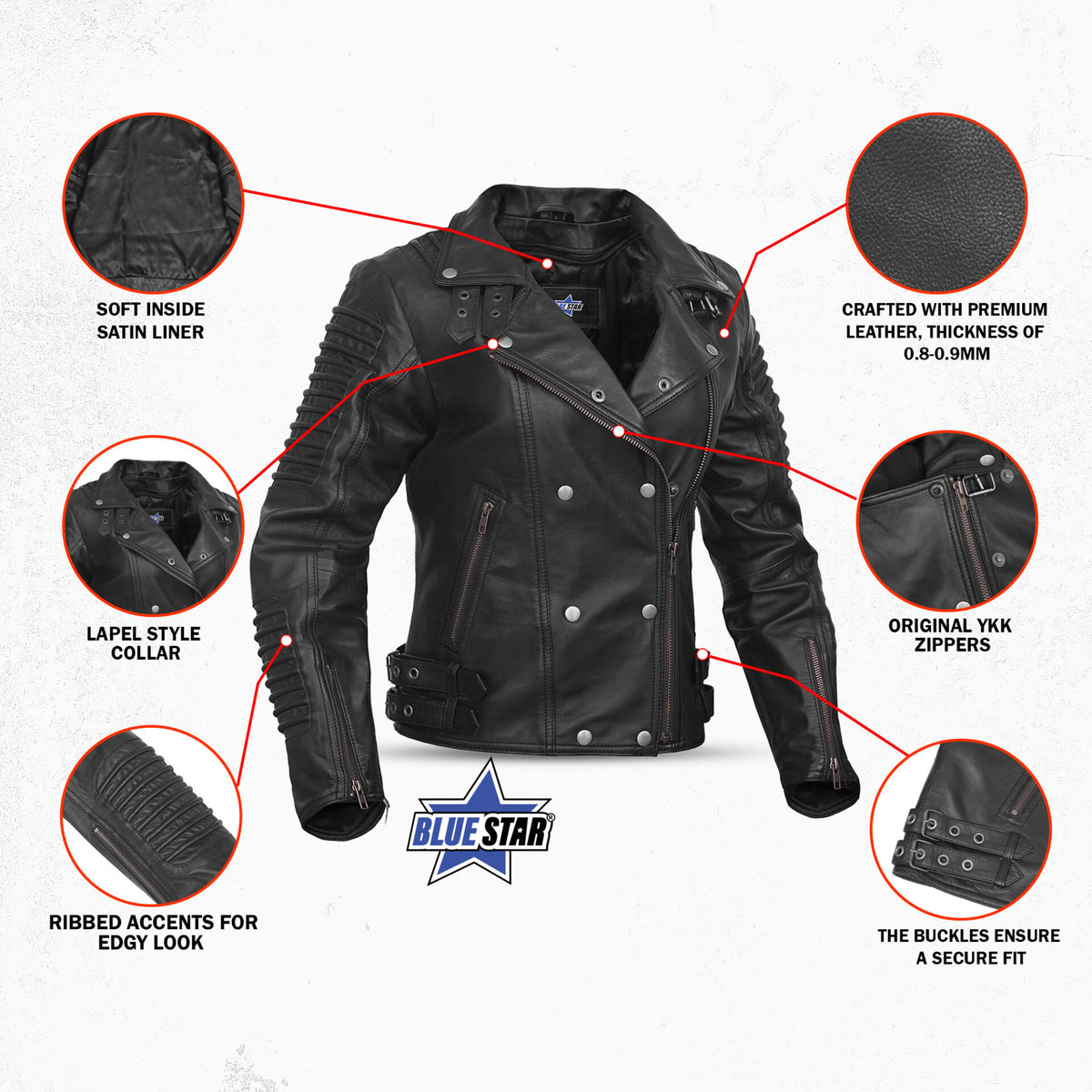 SHADOW QUEEN WOMEN’S BLACK FASHION LEATHER JACKET WITH RIBBED ACCENTS