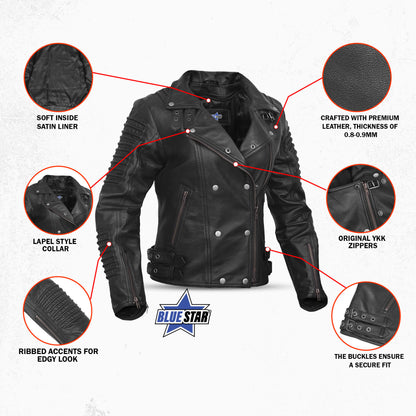 SHADOW QUEEN WOMEN’S BLACK FASHION LEATHER JACKET WITH RIBBED ACCENTS