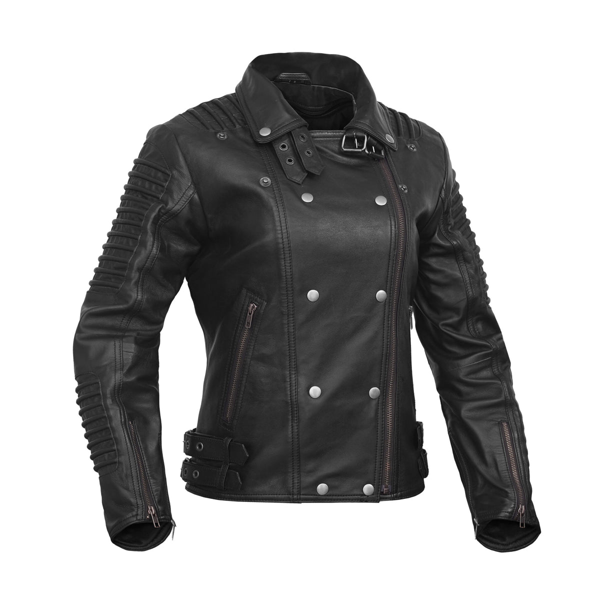 SHADOW QUEEN WOMEN’S BLACK FASHION LEATHER JACKET WITH RIBBED ACCENTS