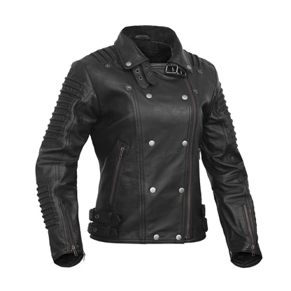 SHADOW QUEEN WOMEN’S BLACK FASHION LEATHER JACKET WITH RIBBED ACCENTS