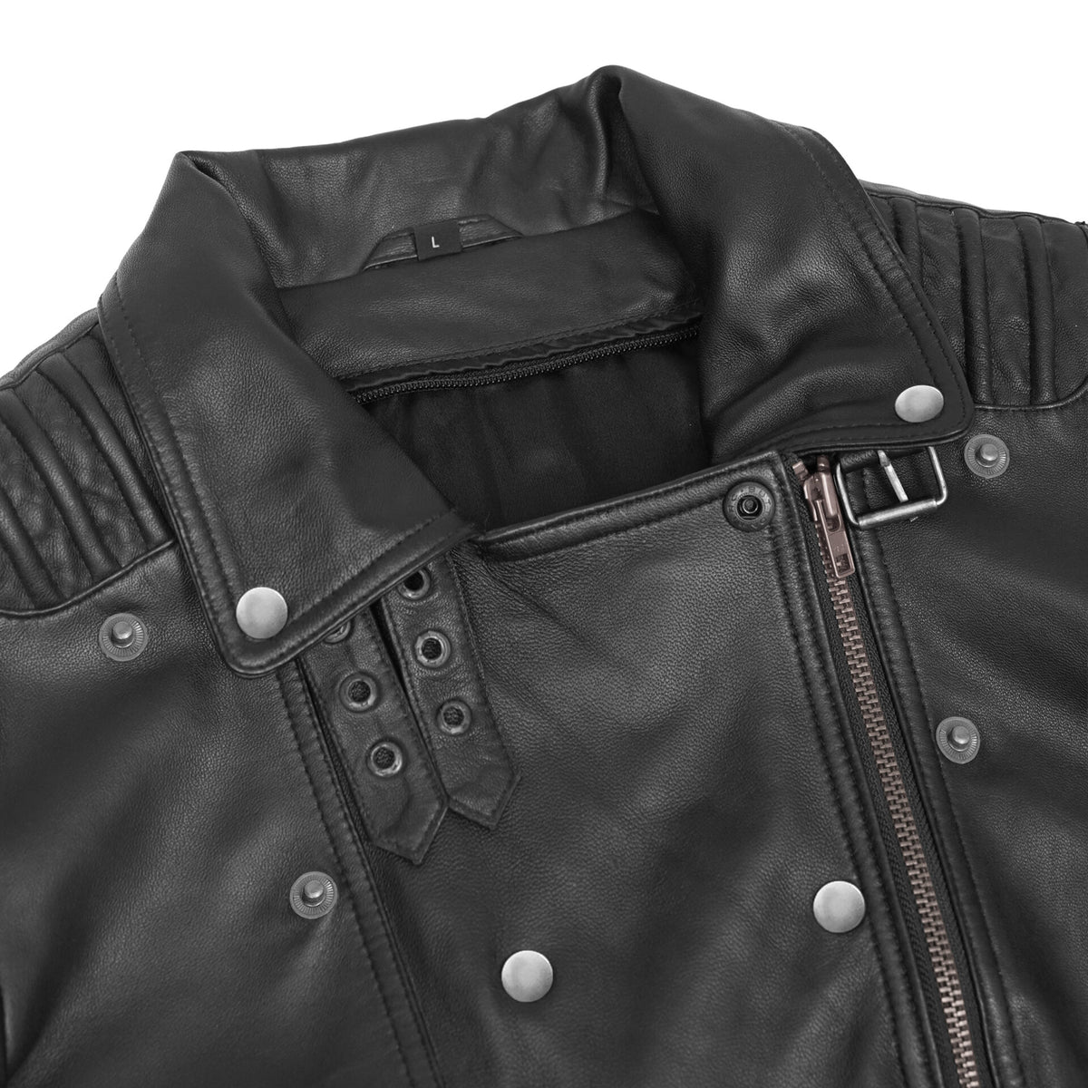 SHADOW QUEEN WOMEN’S BLACK FASHION LEATHER JACKET WITH RIBBED ACCENTS