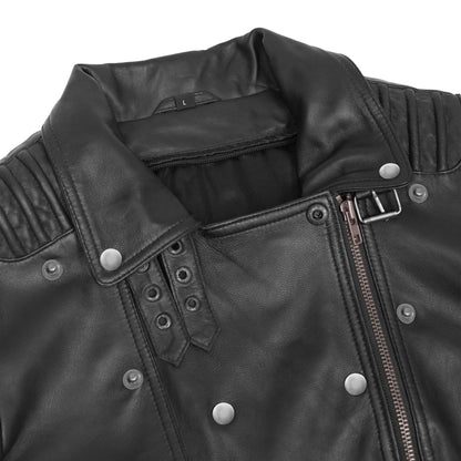 SHADOW QUEEN WOMEN’S BLACK FASHION LEATHER JACKET WITH RIBBED ACCENTS