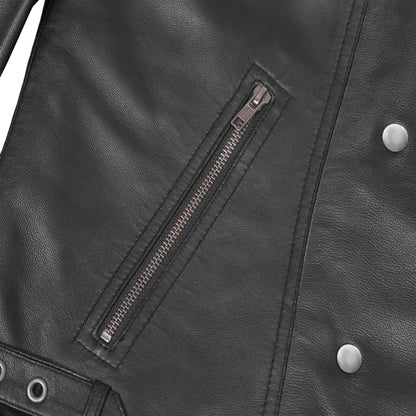 SHADOW QUEEN WOMEN’S BLACK FASHION LEATHER JACKET WITH RIBBED ACCENTS
