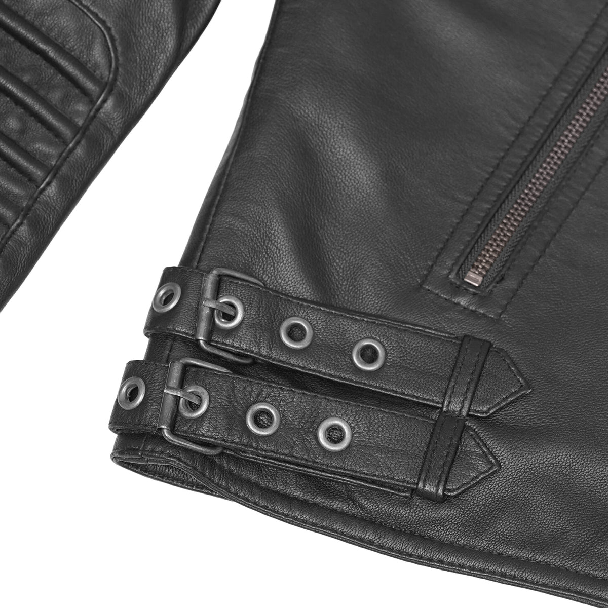 SHADOW QUEEN WOMEN’S BLACK FASHION LEATHER JACKET WITH RIBBED ACCENTS