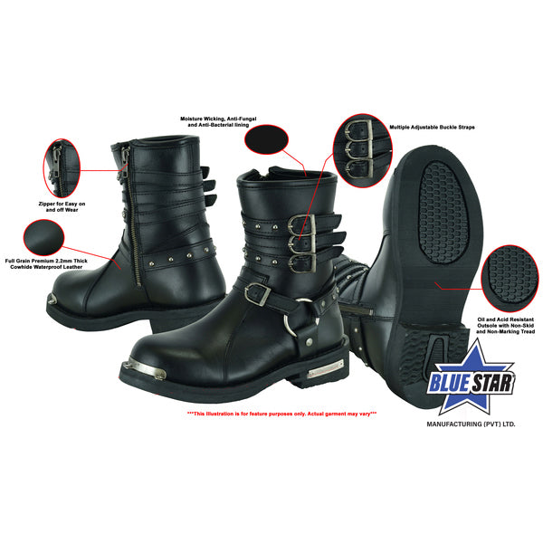 BSM3902 Women's 9 Inch Black Triple Buckle Leather Harness Boot