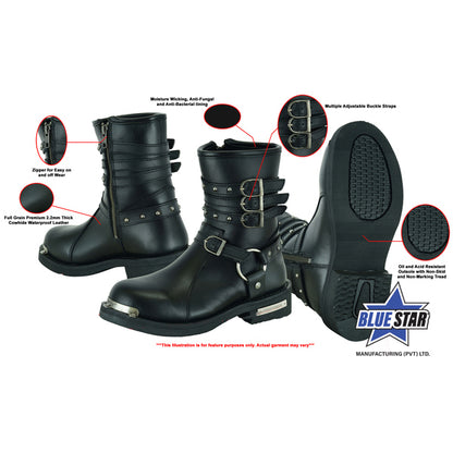 BSM3902 Women's 9 Inch Black Triple Buckle Leather Harness Boot