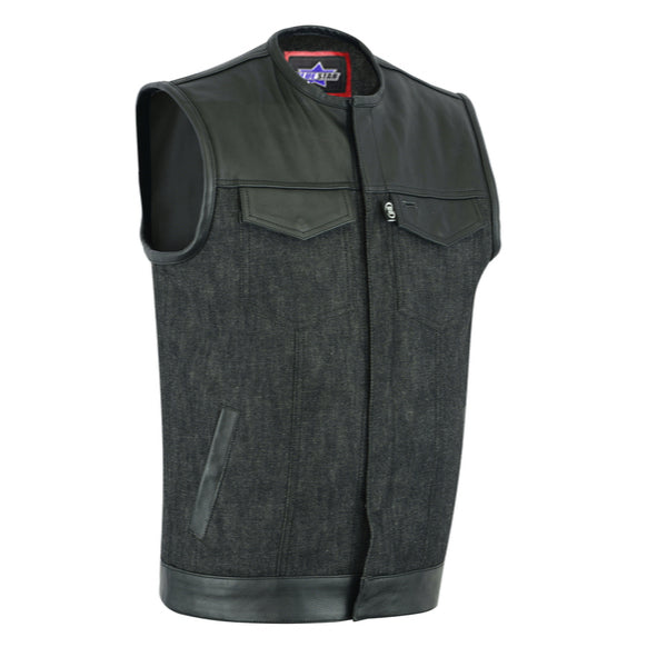 BSM1508 Men's Leather/Denim Combo Vest Without Collar