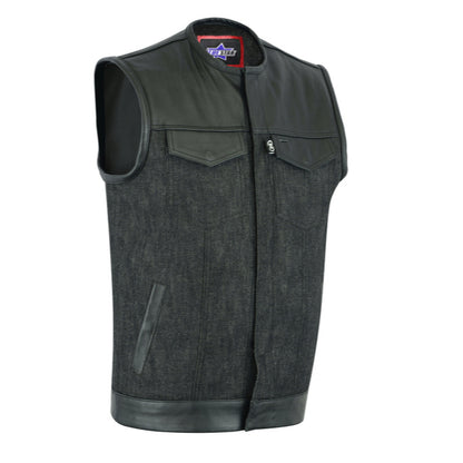 BSM1508 Men's Leather/Denim Combo Vest Without Collar