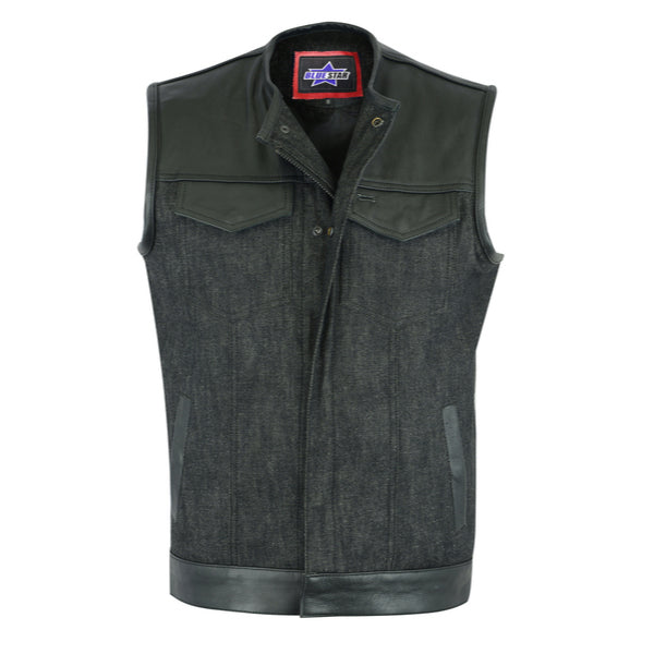 BSM1508 Men's Leather/Denim Combo Vest Without Collar
