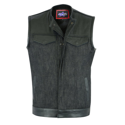 BSM1508 Men's Leather/Denim Combo Vest Without Collar