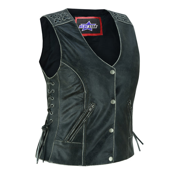 BSM2521 Women's Gray Vest with Grommet and Lacing Accents