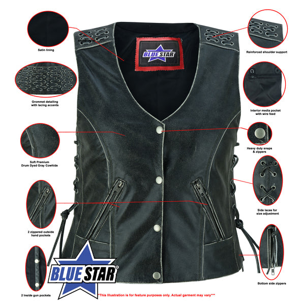 BSM2521 Women's Gray Vest with Grommet and Lacing Accents