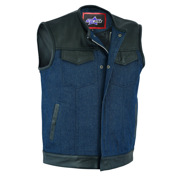 BSM1566 Men's Leather/Denim Combo Vest (Black/Broken Blue)