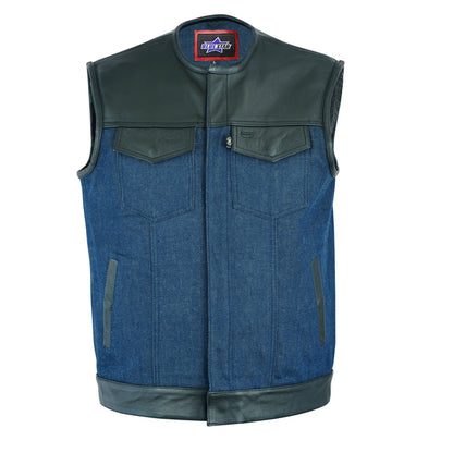 BSM1566 Men's Leather/Denim Combo Vest (Black/Broken Blue)