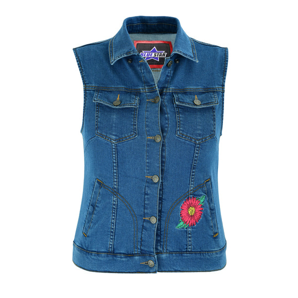 BSM2537 Women's Blue Denim Snap Front Vest with Red Daisy