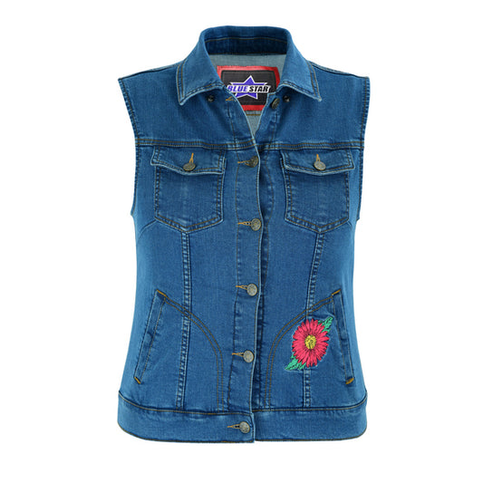 BSM2537 Women's Blue Denim Snap Front Vest with Red Daisy