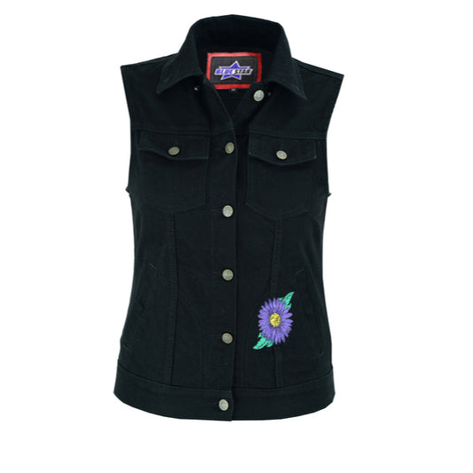 BSM2537 Women's Black Denim Snap Front Vest with Purple Daisy