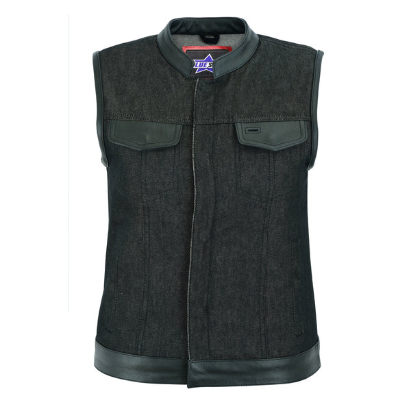 BSM2544 Women's Rough Rub-Off Raw Finish Denim Vest W/Leather Trim
