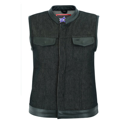 BSM2544 Women's Rough Rub-Off Raw Finish Denim Vest W/Leather Trim