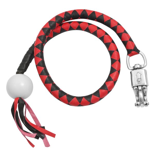 BSM4717 LEATHER BIKER WHIP–RED/BLACK W / WHITE POOL BALL