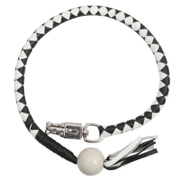 BSM4718 LEATHER BIKER WHIP–WHITE/BLACK W / WHITE POOL BALL