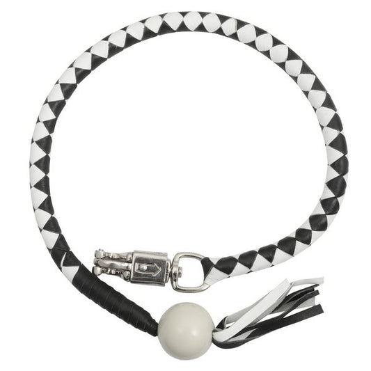 BSM4718 LEATHER BIKER WHIP–WHITE/BLACK W / WHITE POOL BALL