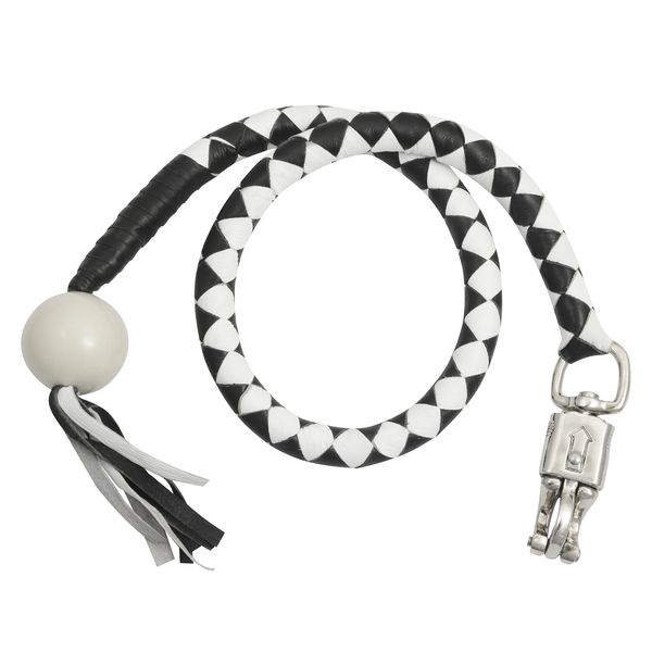 BSM4718 LEATHER BIKER WHIP–WHITE/BLACK W / WHITE POOL BALL