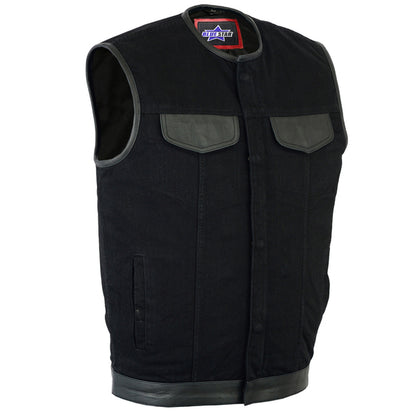 BSM1551 Men's Black Denim Single Panel Concealment Vest W/Leather Trim-